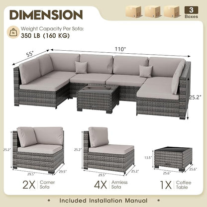 LHBcraft 7 Piece Patio Outdoor Furniture Set, Outdoor Sectional, All-Weather Hand-Woven Wicker Patio Sectional Sofa, Rattan Outside Furniture with Grey Cushion and Glass Coffee Table