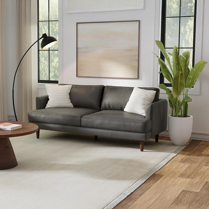 SIMPLIHOME Livingston 76" Wide x 33" High Sofa in Coal Top Grain Genuine Leather, Mid-Century Modern Loveseat for Living Room, Compact 2-Seater with Feather-Wrapped Cushions and Solid Wood Frame