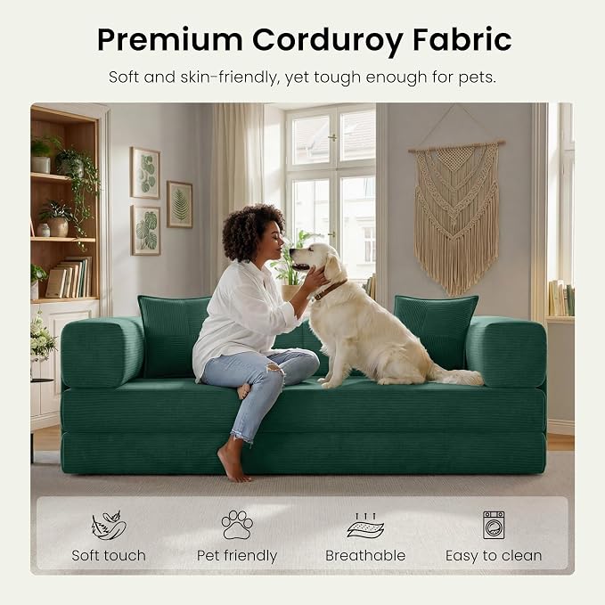 78.8" Convertible Sofa Bed,Corduroy Futon Couch with Storage Pocket,Folding Pull Out Futon Sofa,No Assembly Boneless Couch for Living Room, Forest Green