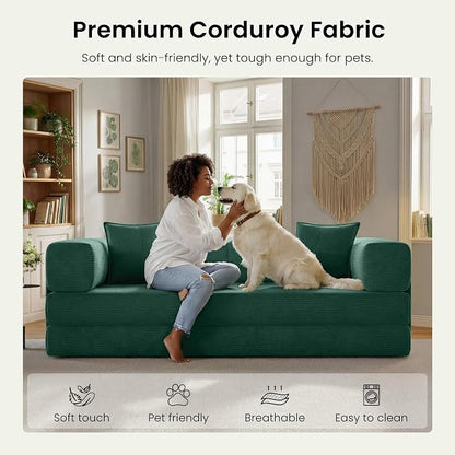 78.8" Convertible Sofa Bed,Corduroy Futon Couch with Storage Pocket,Folding Pull Out Futon Sofa,No Assembly Boneless Couch for Living Room, Forest Green