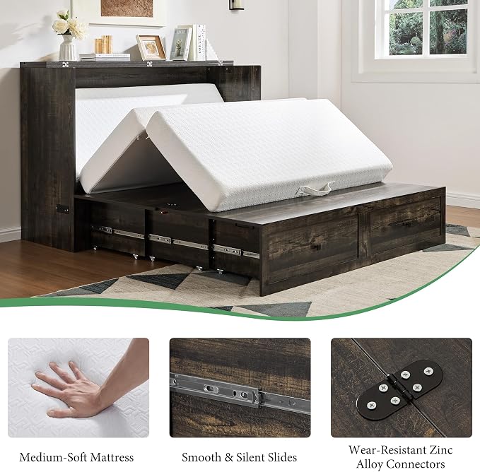 AMERLIFE Full Murphy Bed Cabinet with 6" Tri-Fold Memory Foam Mattress, Storage Drawer & Charging Station, Space-Saving Guest Bed for Home Office, Black Oak