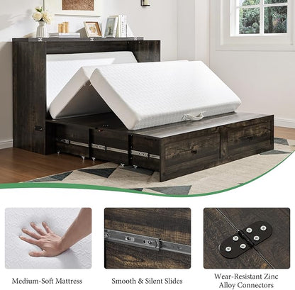 AMERLIFE Full Murphy Bed Cabinet with 6" Tri-Fold Memory Foam Mattress, Storage Drawer & Charging Station, Space-Saving Guest Bed for Home Office, Black Oak