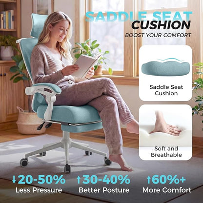 CYKOV Ergonomic Office Chair with Footrest - Adjustable Lumbar Support & Headrest, 90-135° Reclining Mesh Back Computer Chair - Home Office/Gaming, 350lbs Capacity