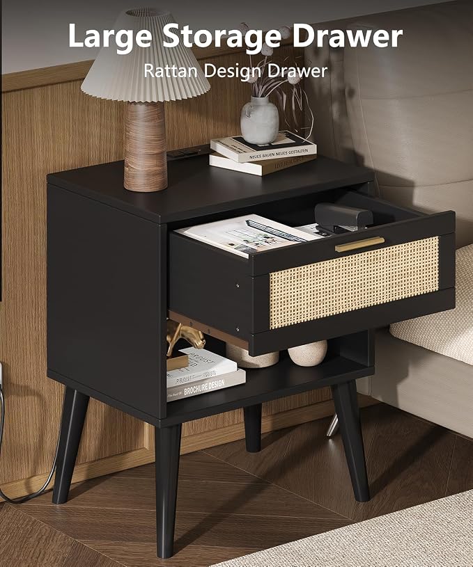 Keehusux Rattan Nightstands Set of 2, Night Stands with Charging Station & Drawer, Bedside Tables with Open Storage & Solid Wood Legs, Boho End Side Table for Bedroom, Black and Natural KES07BME02CTG