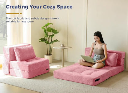 MAXYOYO Convertible Sofa Bed, Fold Out Loveseat Sofa Couch with Pillow, 4 in 1 Tufted Folding Couch Bed Foam Floor Couch, Lazy Chair for Living Room Bedroom Guest Room, Pink