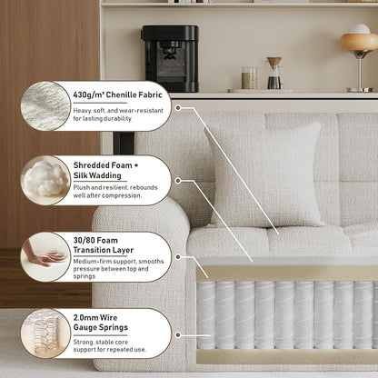 91.5" Modern Boneless Couch for Living Room, Comfy Cloud Sectional Sofa with Deep Seat, Chenille Love Seat Oversized Upholstered 3-Seater Sofa, No Assembly Required Tufted Sofas, Beige White