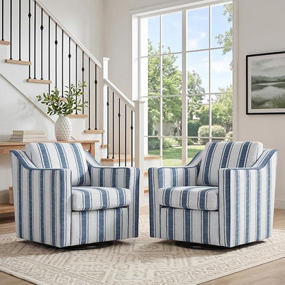 Swivel Accent Chair Set of 2, Modern Round Barrel Arm Chair for Living Room, Bedroom, Comfy Club Reading Chairs for Adult, Stripe Navy Blue