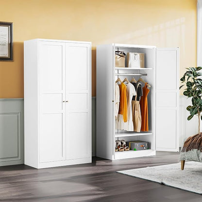 Metal Wardrobe Cabinet,Armoire Wardrobe Closet with doors,White Metal Clothing Storage Cabinet with Adjustable Shelves and Hanging Rod,72" Tall Cloth Storage Cabinets for Home,Bedroom Armoires,Laundry