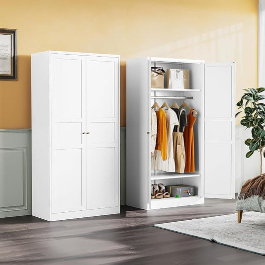 Metal Wardrobe Cabinet,Armoire Wardrobe Closet with doors,White Metal Clothing Storage Cabinet with Adjustable Shelves and Hanging Rod,72" Tall Cloth Storage Cabinets for Home,Bedroom Armoires,Laundry