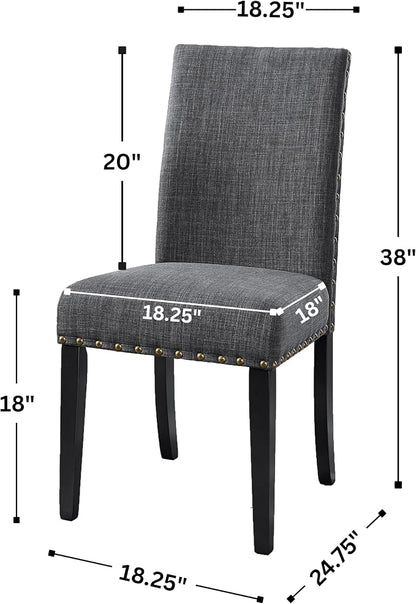 Roundhill Furniture Biony Gray Fabric Dining Chairs with Nailhead Trim, Pack of 2