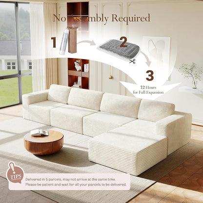 Vesgantti 159" Large Modular Sectional Sofa, L-Shaped Corduroy Cloud Couch with Deep Seats & Spring Support, 4-Seater Boneless Sofa with Movable Ottoman, No Assembly Needed, Beige