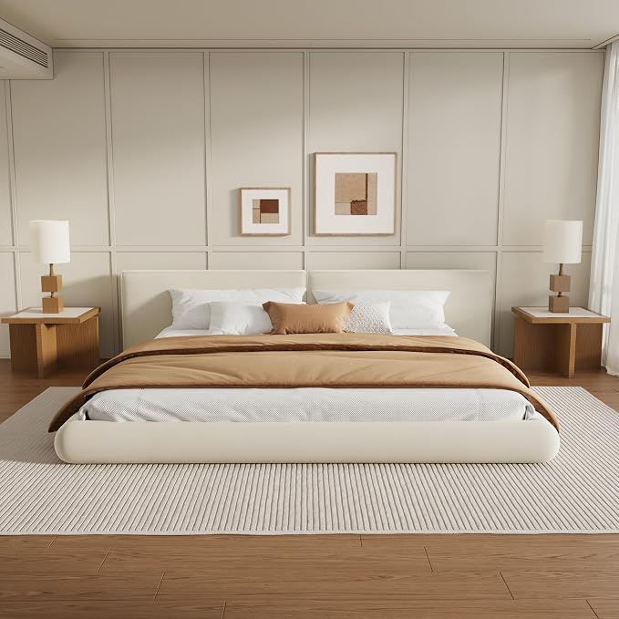 Merax Queen Size Low Profile Floor-Hugging Platform Bed, Platform Bed Frame with 27.45'' Headboard, 800lb WeightCapacity, Upholstered Modern Bed in Fabric, Cream