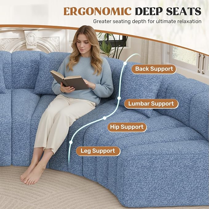 Luxanimarion Oversized Curved Cloud Couch, 6 Seater Modern Modular Sectional Sofa, Convertible Boneless Couches for Living Room, No Assembly Required, Light Blue 1 PCS
