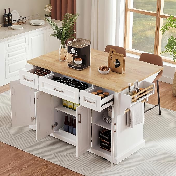 Large Kitchen Island with Rubber Wood Drop Leaf, Rolling Kitchen Cart with Ample Storage on Wheels with Doors and Drawers, Embossed Texture for Dining Room (54Inch, White, Silver Handle)