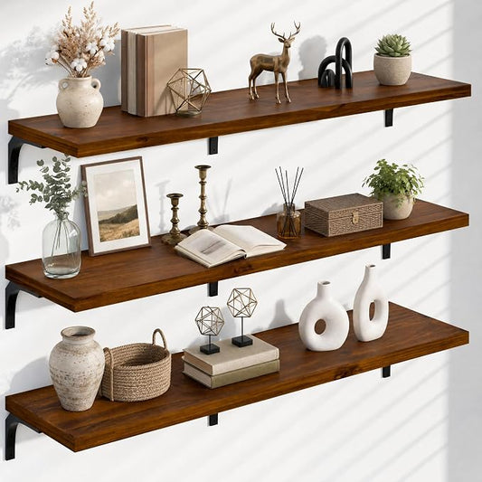 12 Inch Deep Floating Shelves Set of 3, 60 Inch Extra Wide Rustic Walnut Solid Wood Wall Shelves, 5ft Heavy Duty Farmhouse Wall Mounted Shelving for Kitchen, Living Room & Bedroom