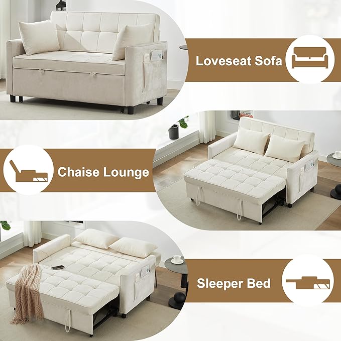 Tbfit 57" Convertible Sofa Bed, Chenille Futon Sleeper Sofa Couch with Pullout Bed, USB & Adjustable Backrest, Full Size Pull Out Loveseat Couches for Living Room, Apartment, Office, Dorm, Beige