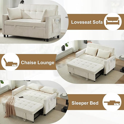Tbfit 57" Convertible Sofa Bed, Chenille Futon Sleeper Sofa Couch with Pullout Bed, USB & Adjustable Backrest, Full Size Pull Out Loveseat Couches for Living Room, Apartment, Office, Dorm, Beige