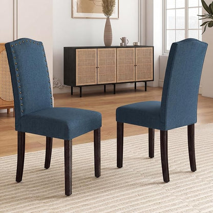 LSSBOUGHT Dining Chairs Set of 2,Upholstered Parsons Dining Room Chairs Fabric Kitchen Chairs with Solid Wood Frame and Nailhead Trim(Blue)