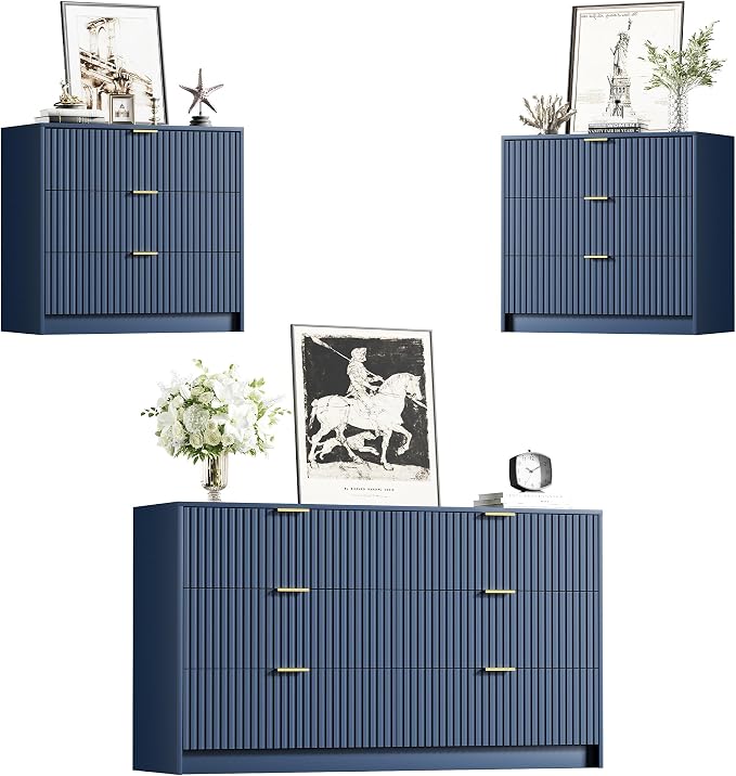 Furniway Blue Dresser Bedroom Set 3 Pieces, Nightstands Sets of 2, 6 Drawer Dresser with Gold Handles for Bedroom
