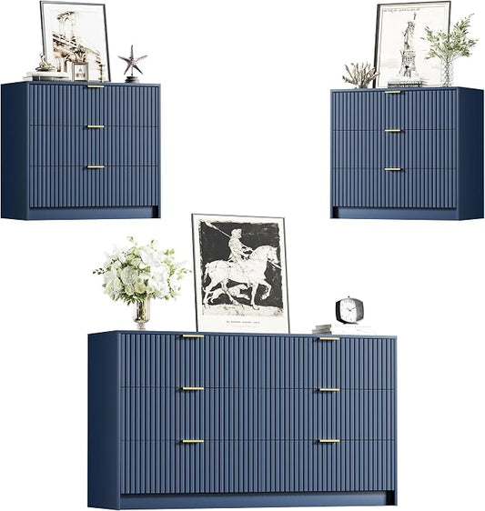 Furniway Blue Dresser Bedroom Set 3 Pieces, Nightstands Sets of 2, 6 Drawer Dresser with Gold Handles for Bedroom