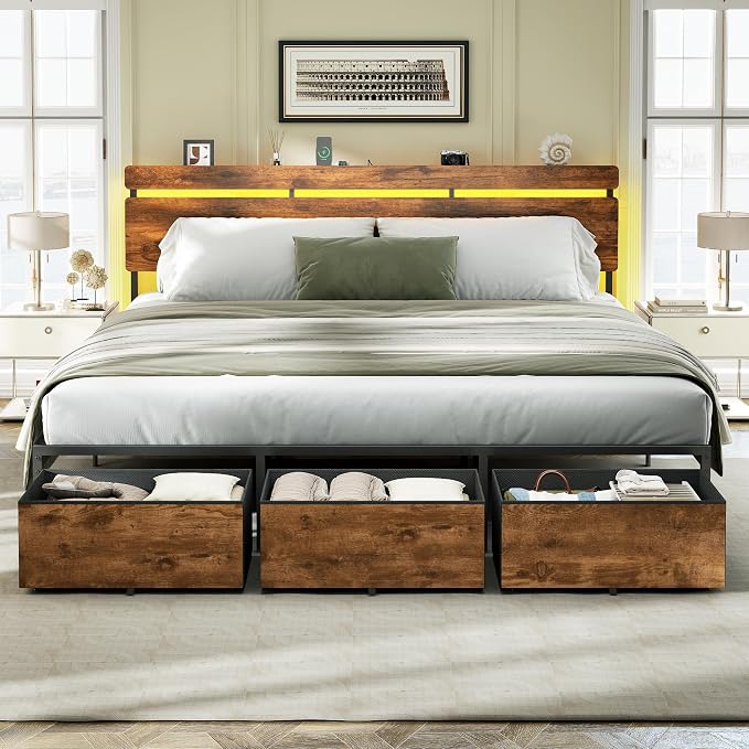 Forestell King Size Bed Frame with Wood Headboard, Metal Platform Bed with 3 Storage Drawers & Shelf, Built-in Charging Station & LED Lights, No Box Spring Needed, Vintage Brown, Camas King