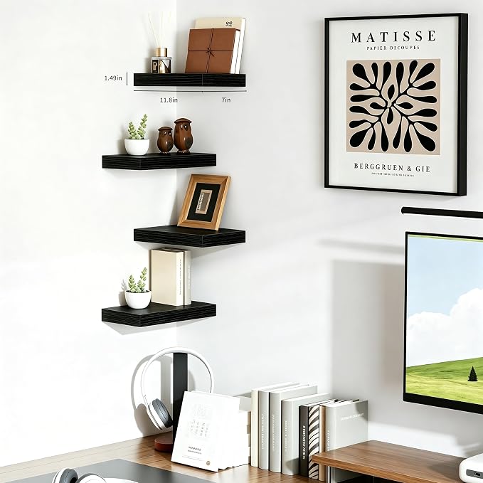 Black Floating Shelves for Wall, Set of 4 Wooden Wall Mounted Shelves for Bathroom Over Toilet, Bedroom, Kitchen, Living Room & Office, Hanging Storage and Wall Decor, 12"x7"x1.5"