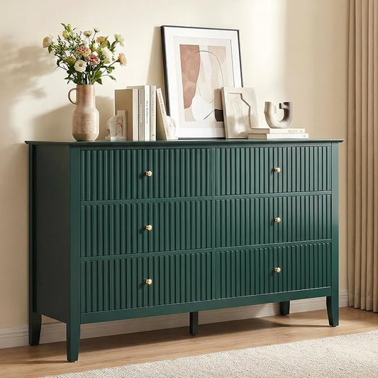 RoyalCraft 6 Drawer Dresser, Fluted Modern Wood Chest of Drawers, Long Dresser for Bedroom TV Stand Storage Cabinet for Living Room, Green