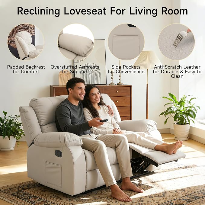 Reclining Loveseat Sofa Leather Recliner Couch 2 Seater Sofa for Living Room, Home Theater Seating(Loveseat,Beige)