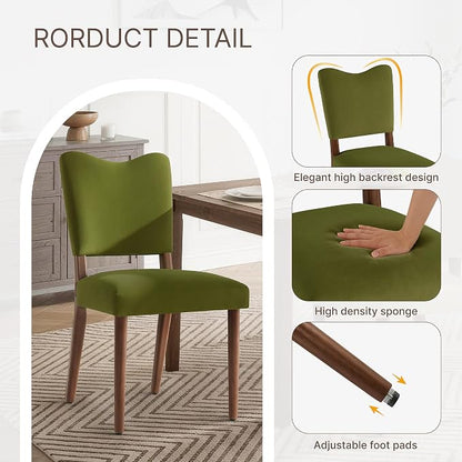 KISLOT Upholstered Dining Chairs Set of 2, Modern Velvet Kitchen Chairs with Solid Wood Legs, High Back Wooden Dining Room Chairs with Dark Walnut Color Legs for Farmhouse Kitchen Dining Room, Green