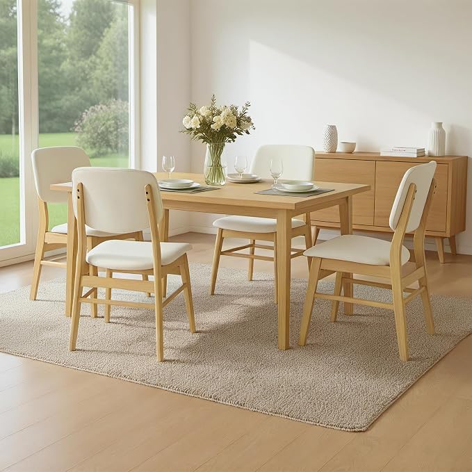 KISLOT Wooden Dining Chairs Set of 2, Upholstered Modern Dining Room Chairs, Mid Century Solid Oak Wood Kitchen Chairs for Farmhouse, Restaurant, Café (Cream Fabric & Original Color)