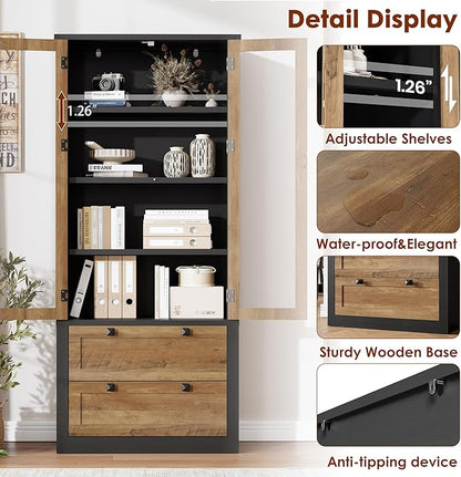 71" Tall Kitchen Pantry Cabinet - Modern Display Storage Cabinet with 2 Large Drawers, Glass Doors, and Adjustable Shelves, Kitchen Cupboard for Dining Room, Bathroom, Living Room, Black + Brown