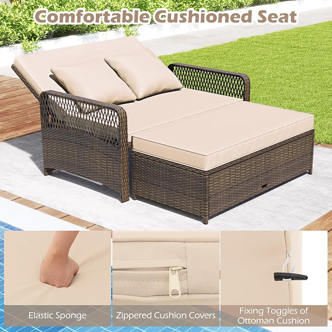 Tangkula Patio Rattan Daybed with 4-Level Adjustable Backrest, 2-Person Outdoor Wicker Loveseat with Storage Ottoman & Soft Cushions, Double Sunbed Lounger for Backyard, Porch, Poolside (Beige)