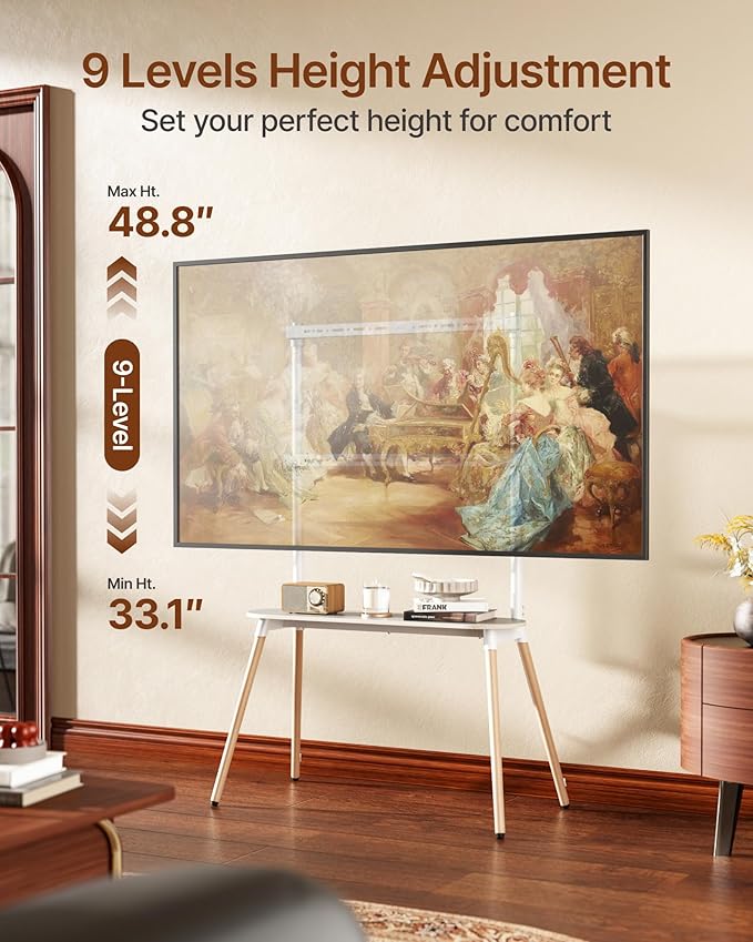 Easel Floor TV Stand with Storage for 49-86 inch TVs, Height Adjustable 4-Leg Universal TV Stand with Cable Management & Protective Pads, Holds 110 lbs for Living Room, Office, School, White
