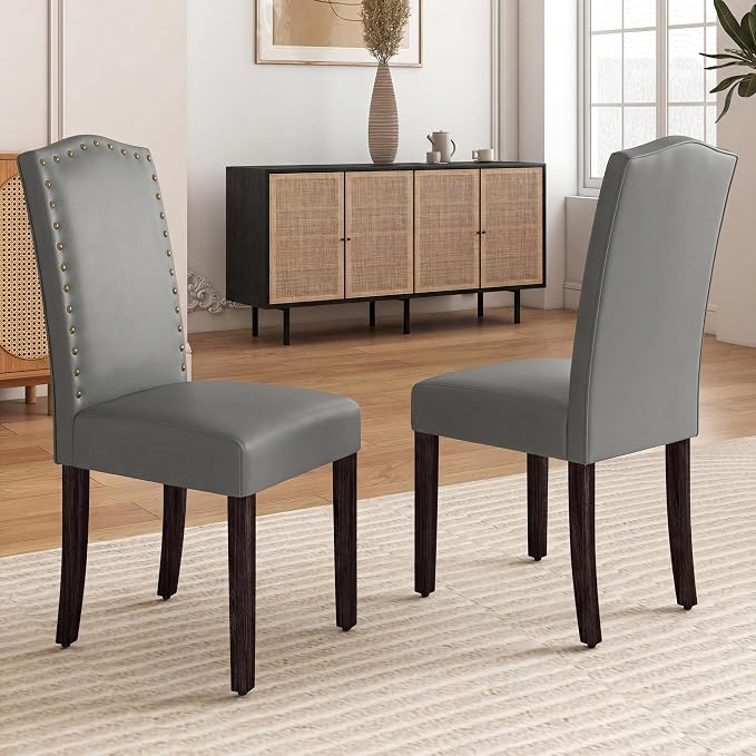 LSSBOUGHT PU Dining Chair, Kitchen Chair with Copper Nails and Solid Wood Legs for Dining Room,Restaurant (Gray, 2PCS)