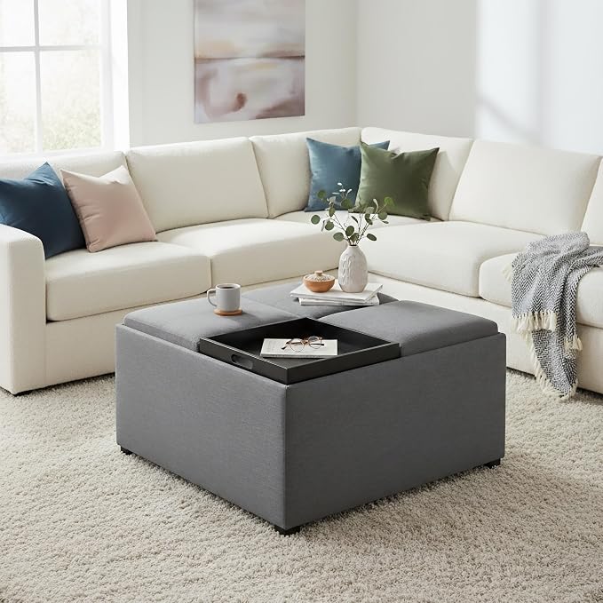 SIMPLIHOME Avalon Wide Contemporary Square Coffee Table Storage Ottoman, Flint Grey,