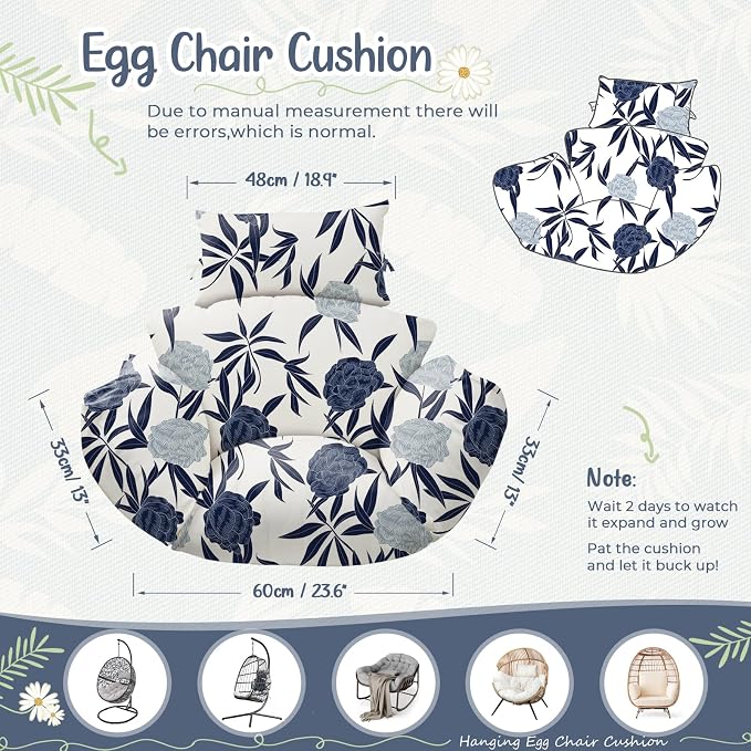 Waterproof Egg Chair Cushion Replacement 47x31.5x4.7 inch Thicken Hanging Egg Swing Chair Cushion Indoor Outdoor Wicker Rattan Hammock Basket Cushion with Headrest Pillow, Blue Enchantress