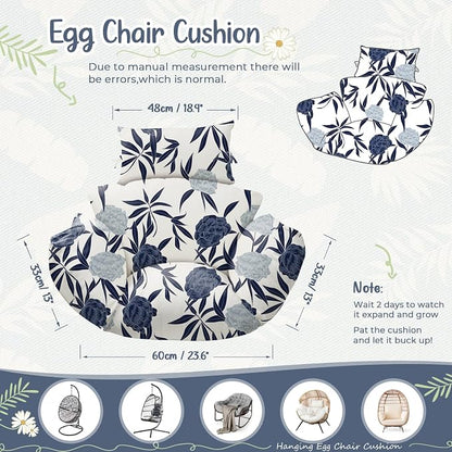 Waterproof Egg Chair Cushion Replacement 47x31.5x4.7 inch Thicken Hanging Egg Swing Chair Cushion Indoor Outdoor Wicker Rattan Hammock Basket Cushion with Headrest Pillow, Blue Enchantress