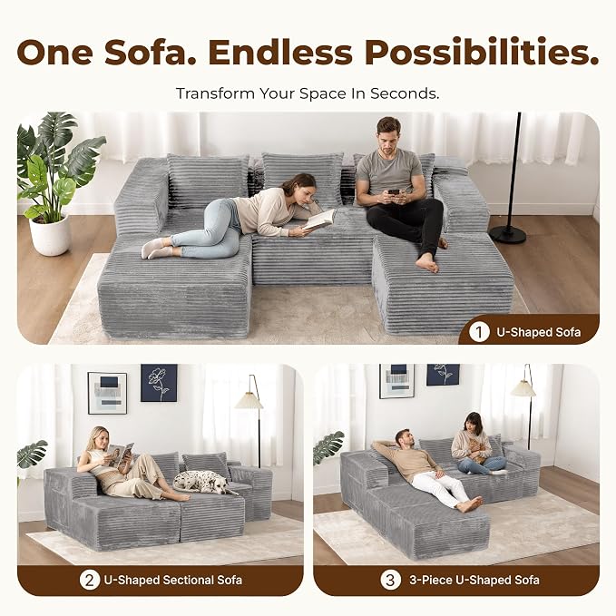 Modular Sectional U-Shaped Sofa with Deep Seat, Modern Boneless Comfy Corduroy Fluffy Couch with Side Pockets and Anti-Slip & Floor-Friendly Bottom for Living Room, No Assembly, Light Grey