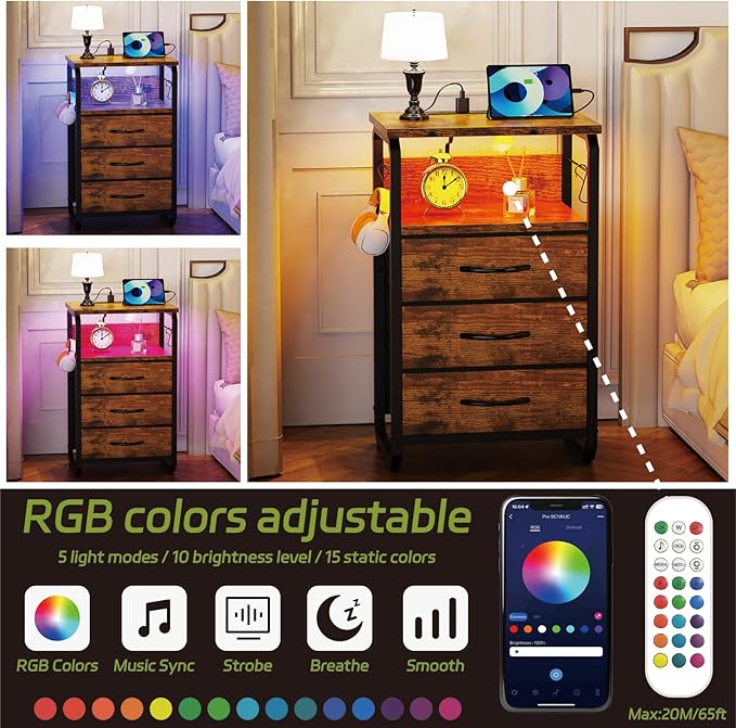 runjuly Night Stand Set 2, Nightstand with LED Lights and Fabric Drawers, Matching End Tables with Charging Station USB C Port, Bedside Tables with Hooks for Bedroom, Rustic Brown
