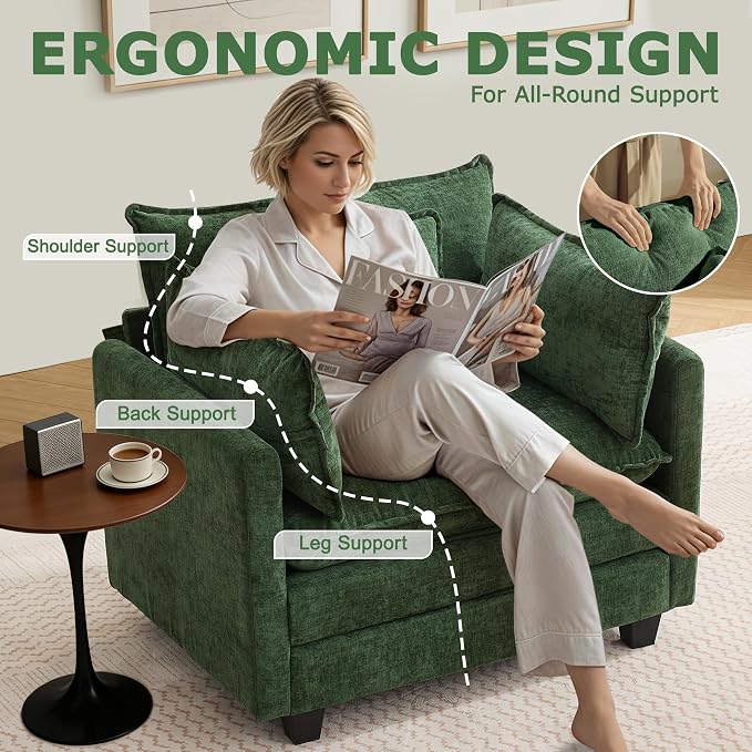 Modular Sectional Sofa Cloud Couch, Deep Seat Washable Chenille Fabric Sofa with Throw Pillows, Singel Seat Modern Couches for Living Room Bedroom Apartment, Green