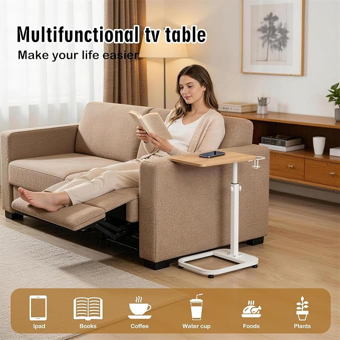 facka Adjustable C-Shaped End Table for Couch & Bed, Adjustable Height TV Tray, Stable Laptop Desk, Space-Saving Snack Side Table with Rounded Metal Corners