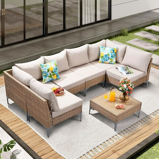 JOYURE 7 Piece Wicker Patio Furniture Set,Outdoor Conversation Sectional Sofa w/Coffee Table,All-Weather Outdoor Sofa with Thick and Anti-Slip Cushions for Deck,Poolside,Garden,Beige