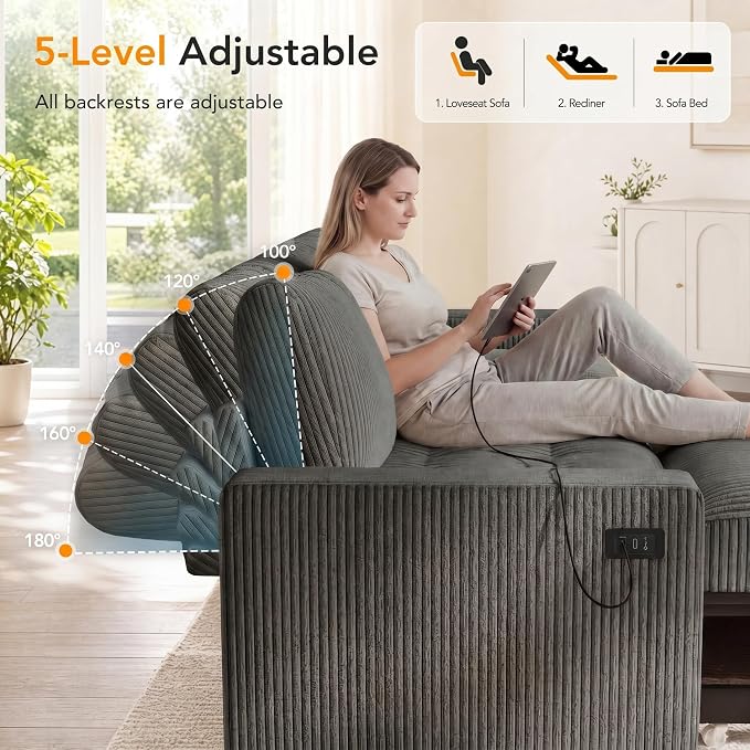Sunny Heart Modular Sectional Sleeper Sofa with Pull Out Bed, Corduroy L Shaped Sectional Sofa with USB Ports/Adjustable Backrest/Storage Seats, Tool-Free Assembly, Couches for Living Room Dark Grey