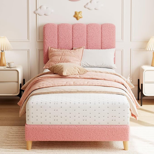 GarveeHome Twin Bed Frame, Upholstered Platform Bed with Wave Headboard for Girls/Kids, Easy Assembly, Wooden Slats Support, No Box Spring Needed, Boucle Pink