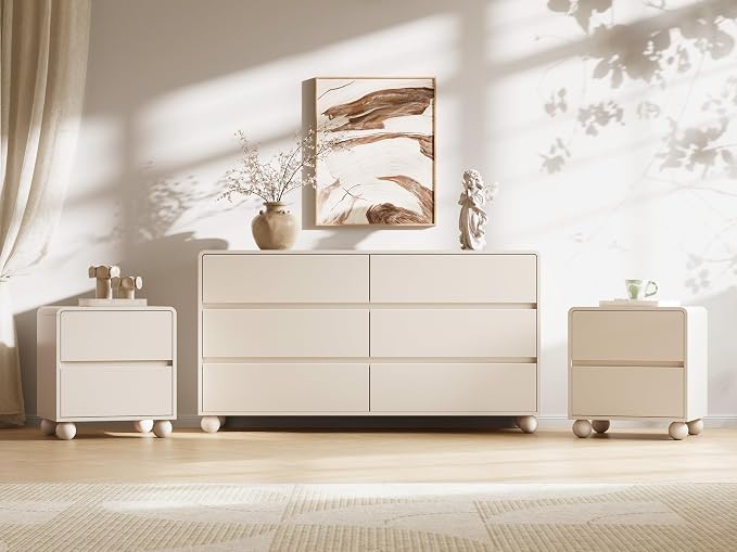 MAISONARIA Mid-Century 3-Piece Dresser Bedroom Set, 6 Drawer Dresser & 2 Drawer Nightstands with Curved Profile Design & Handle Free, Wood Chest of Drawers for Bedroom, Living Room, Hallway, Beige