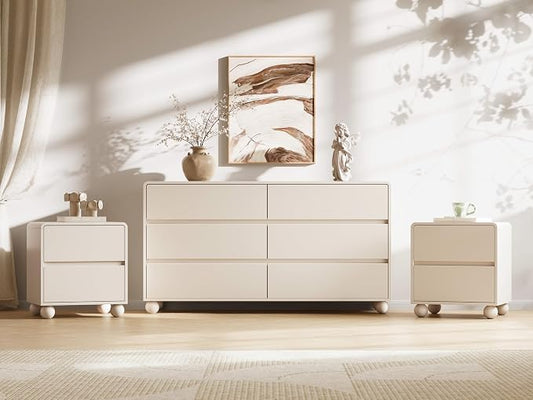 MAISONARIA Mid-Century 3-Piece Dresser Bedroom Set, 6 Drawer Dresser & 2 Drawer Nightstands with Curved Profile Design & Handle Free, Wood Chest of Drawers for Bedroom, Living Room, Hallway, Beige