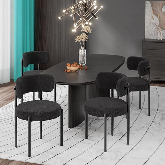PatioPerk Boucle Dining Chairs Set of 4, Black Mid Century Morden Dining Chairs with Curved Backrest, Round Upholstered Sherpa Living Room Kitchen Dining Room Chiars with Metal Legs