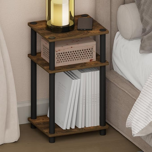 Furinno JUST Night Stand, 3-Tier Turn-N-Tube Nightstand, Toolless Bedside Table, End Table, Side Table with Open Storage for Bedroom, Closet, Dorm, Americano