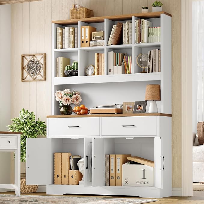 TEENFON Storage Cabinet with Doors and Drawers, Pantry Cabinets, 5 Tier Floor Standing Bookshelves, Bookshelf and Bookcase, 8 Open Storage Shelves and Printer Stand for Study, Living Room, Office
