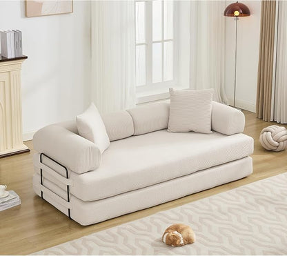 ZEIINPA Convertible Sleeper Sofa Bed with Cylindrical Pillow, Corduroy Folding Mattress Couch with Fixed-Shape Frame, Floor Sofa Lounge Couch for Living Room Bedroom Lounge Studio, Beige